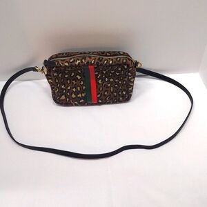 Clare V Leopard Pattern with Green/Red Stripe Crossbody Purse
